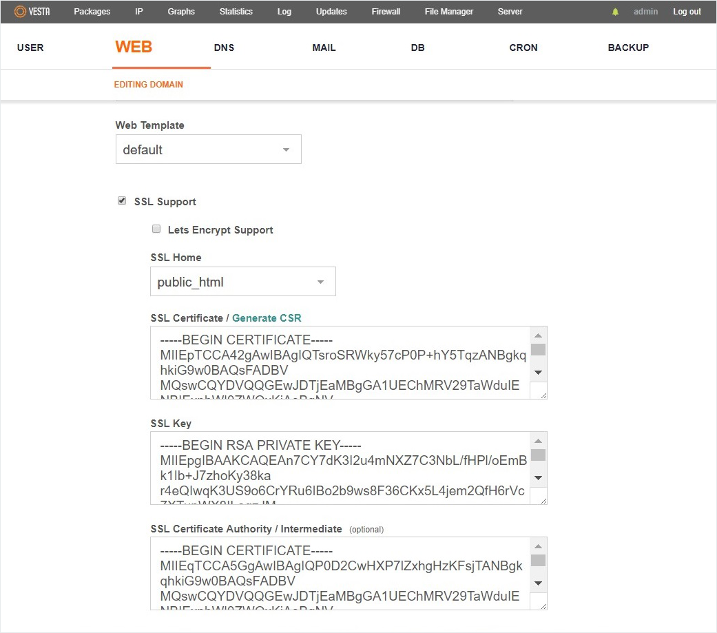 Vesta Configure Domain Settings